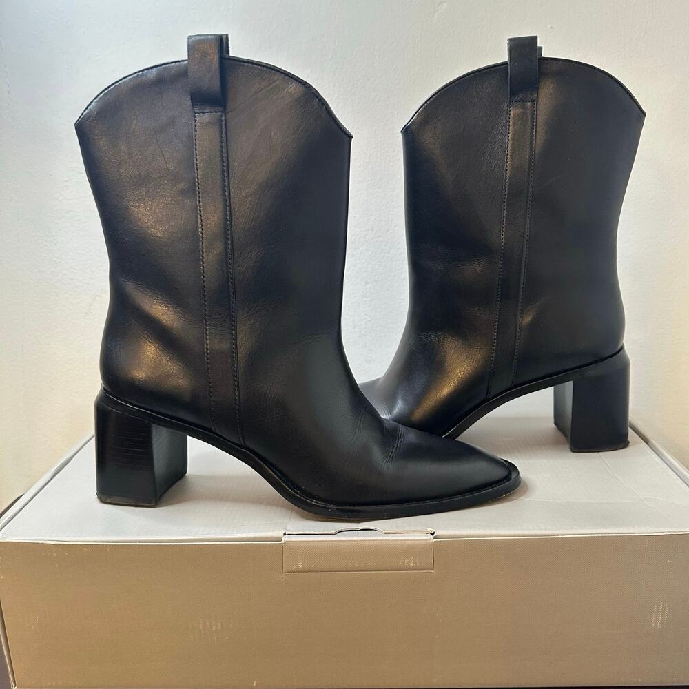 Everlane The Outlaw Black Leather Western Midi Pill-On Boots, Size 11, Women's